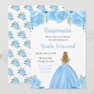Blonde Hair Princess Blue Floral Quinceanera Einladung