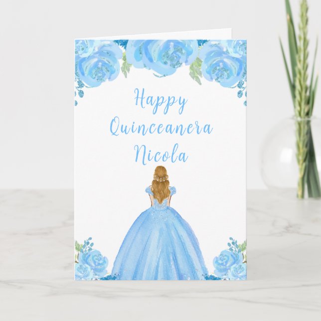 Blonde Hair Princess Blue Floral Quinceanera Karte (Vorderseite)