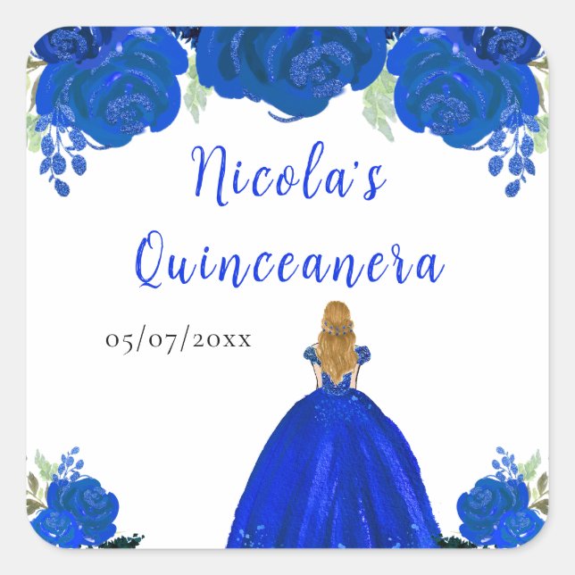 Blonde Hair Princess Blue Floral Quinceanera Quadratischer Aufkleber (Vorderseite)