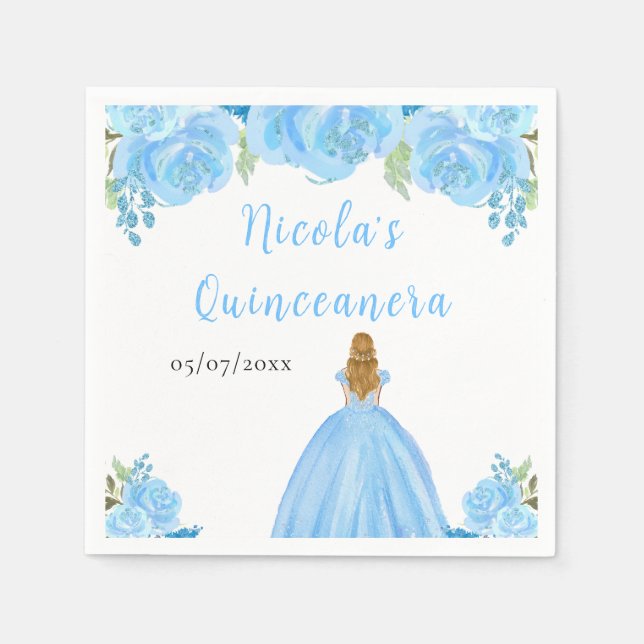 Blonde Hair Princess Blue Floral Quinceanera Serviette (Vorderseite)