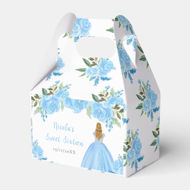 Blonde Hair Princess Blue Floral Sweet Sixteen Geschenkschachtel (Vorderseite)