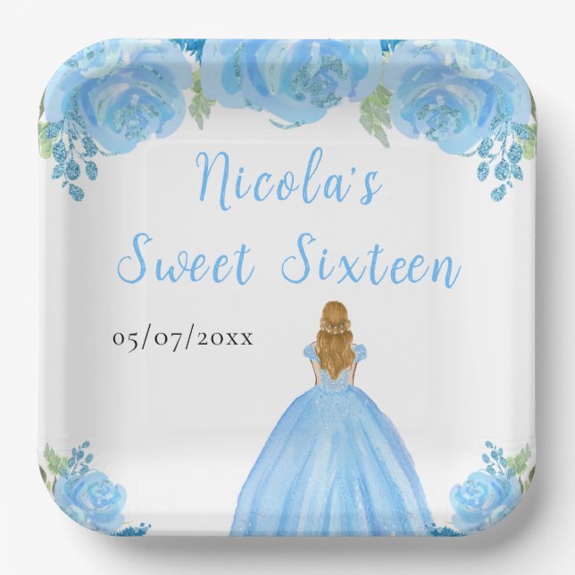 Blonde Hair Princess Blue Floral Sweet Sixteen  Pappteller (Vorderseite)
