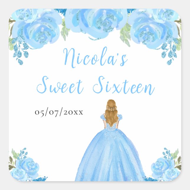 Blonde Hair Princess Blue Floral Sweet Sixteen  Quadratischer Aufkleber (Vorderseite)