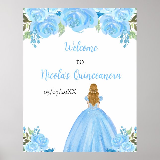 Blonde Hair Princess Blue Quinceanera Welcome Poster (Vorne)