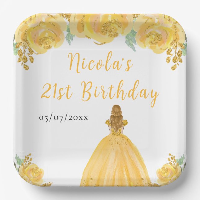 Blonde Hair Princess Gold Floral Birthday Party Pappteller (Vorderseite)