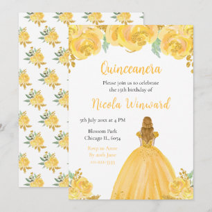Blonde Hair Princess Gold Floral Quinceanera Einladung