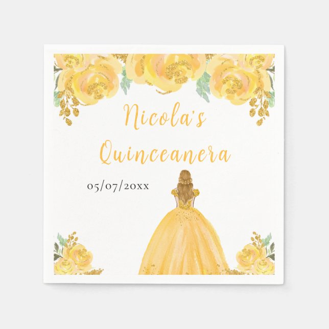 Blonde Hair Princess Gold Floral Quinceanera Serviette (Vorderseite)