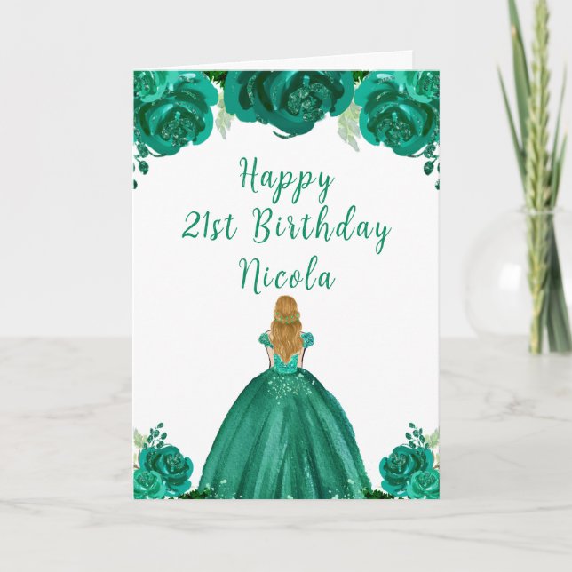 Blonde Hair Princess Green Floral Birthday Party Karte (Vorderseite)