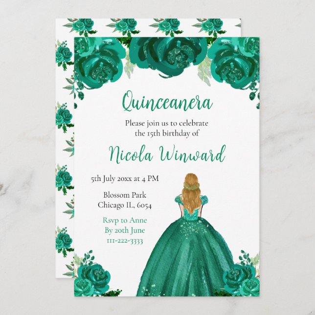 Blonde Hair Princess Green Floral Quinceanera Einladung (Vorne/Hinten)