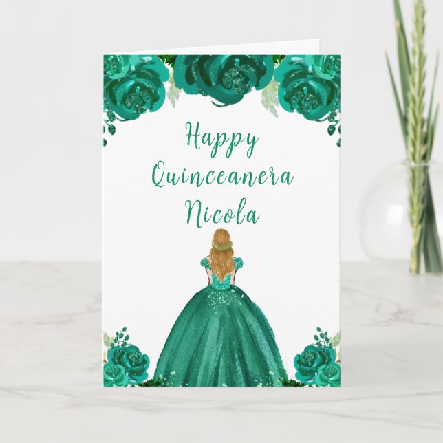 Blonde Hair Princess Green Floral Quinceanera Karte (Vorderseite)