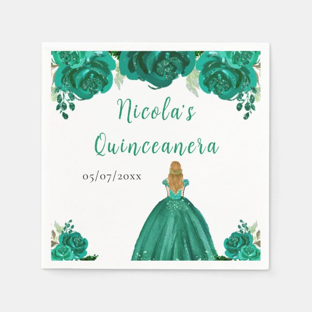 Blonde Hair Princess Green Floral Quinceanera Serviette (Vorderseite)