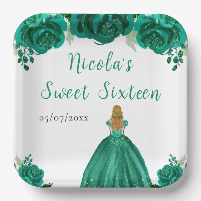 Blonde Hair Princess Green Floral Sweet Sixteen  Pappteller (Vorderseite)