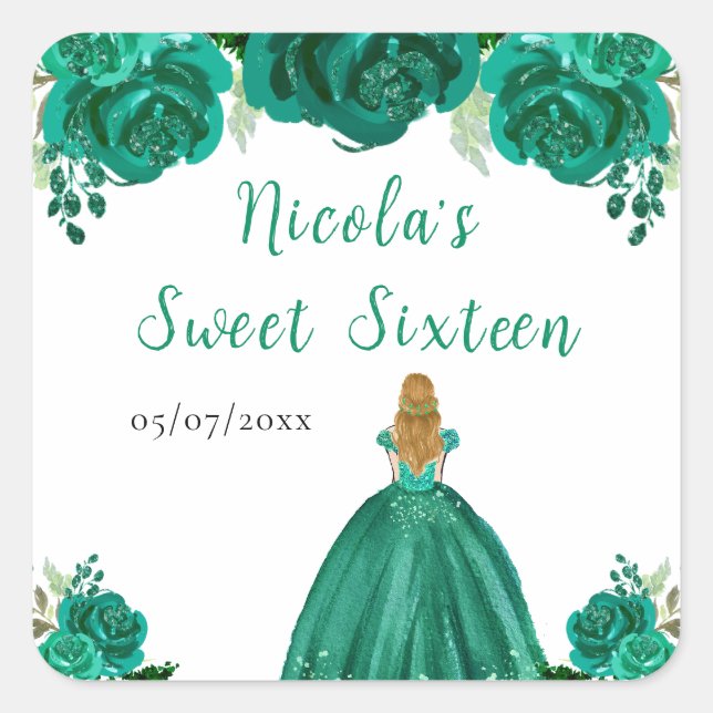 Blonde Hair Princess Green Floral Sweet Sixteen  Quadratischer Aufkleber (Vorderseite)
