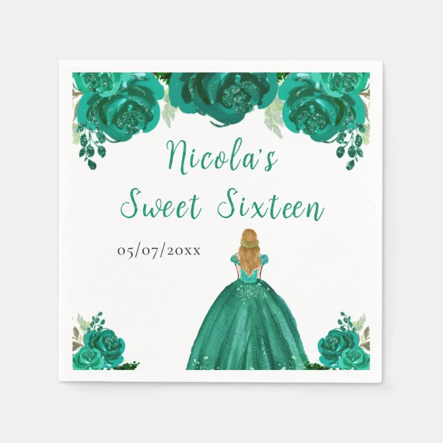Blonde Hair Princess Green Floral Sweet Sixteen  Serviette (Vorderseite)