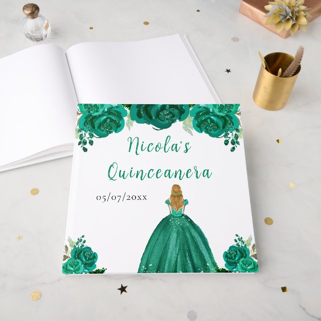 Blonde Hair Princess Green Quinceanera Guest Book Gästebuch (Vorderseite offen)