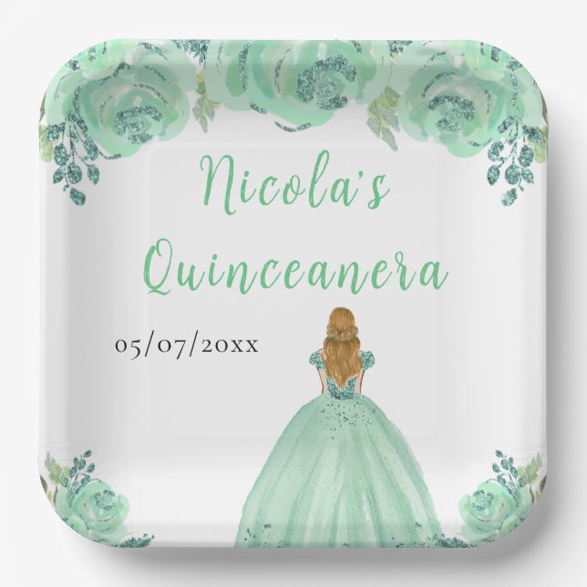 Blonde Hair Princess Mint Floral Quinceanera Pappteller (Vorderseite)