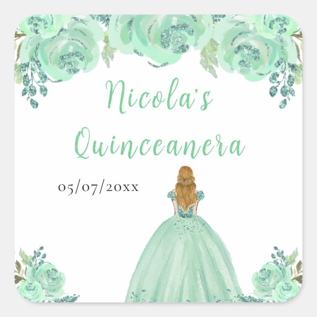Blonde Hair Princess Mint Floral Quinceanera Quadratischer Aufkleber (Vorderseite)