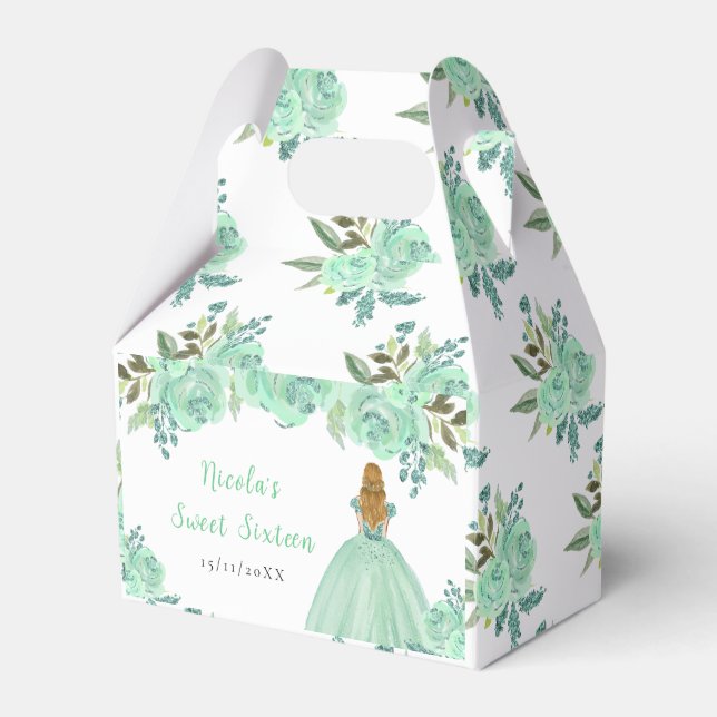 Blonde Hair Princess Mint Floral Sweet Sixteen Geschenkschachtel (Vorderseite)