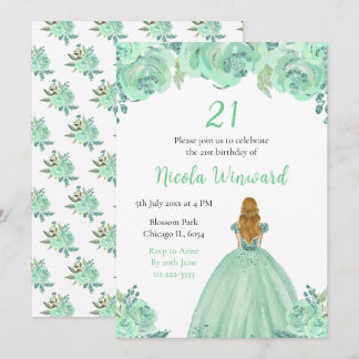 Blonde Hair Princess Minze Floral Geburtstagsparty Einladung