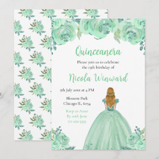 Blonde Hair Princess Minze Floral Quinceanera Einladung