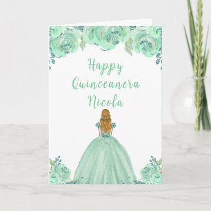 Blonde Hair Princess Minze Floral Quinceanera Karte