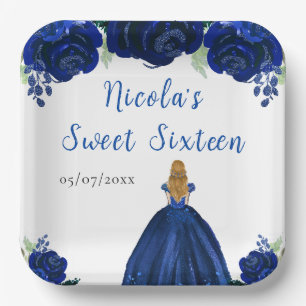 Blonde Hair Princess Navy Floral 16 . Geburtstag Pappteller