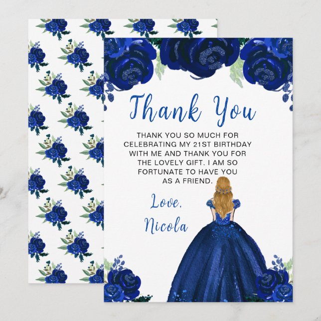 Blonde Hair Princess Navy Floral Birthday Party Dankeskarte (Vorne/Hinten)