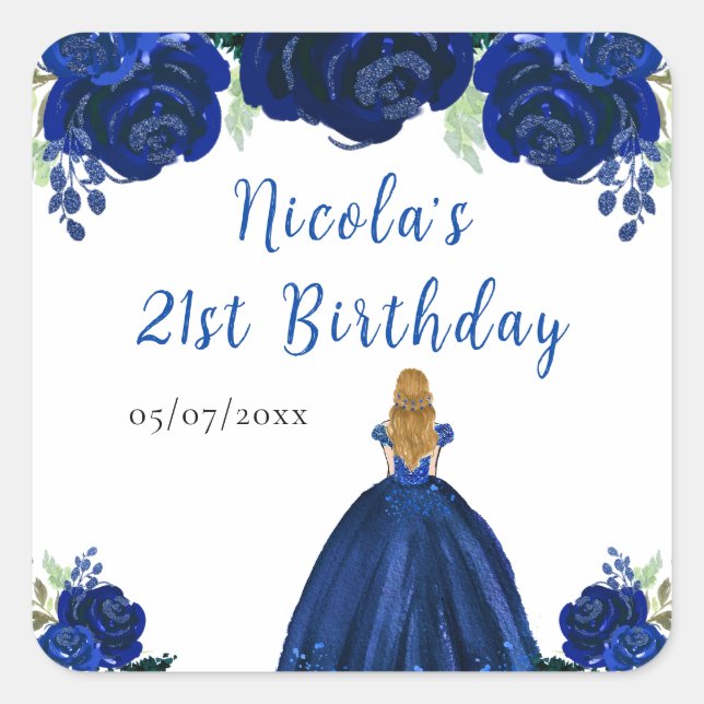 Blonde Hair Princess Navy Floral Birthday Party Quadratischer Aufkleber (Vorderseite)