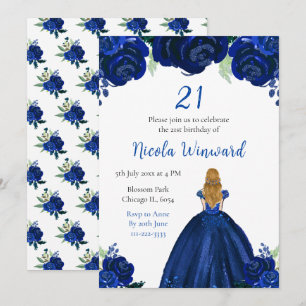 Blonde Hair Princess Navy Floral Geburtstagsparty Einladung