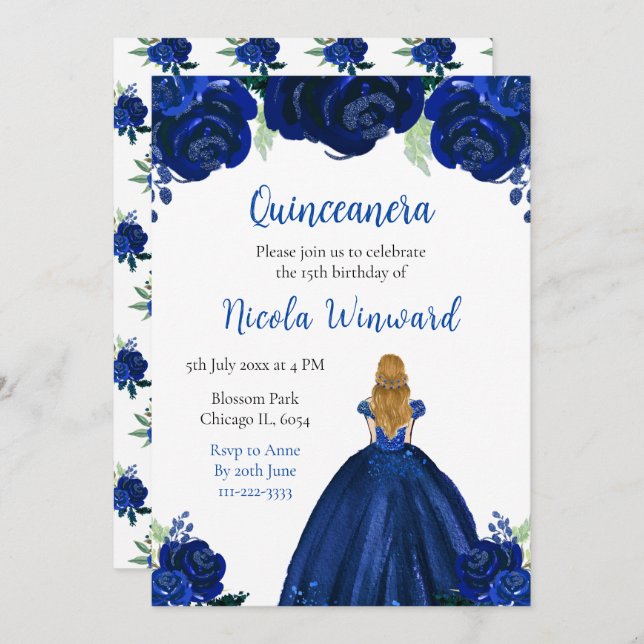 Blonde Hair Princess Navy Floral Quinceanera Einladung (Vorne/Hinten)