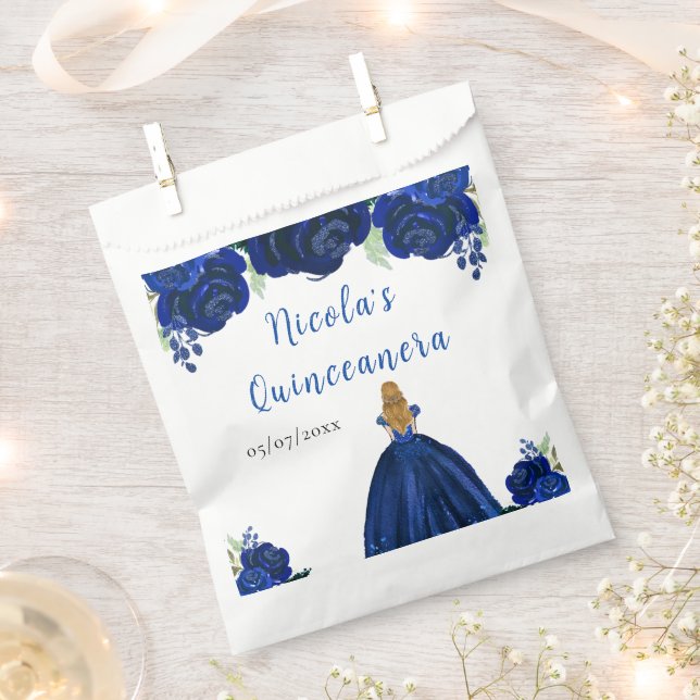 Blonde Hair Princess Navy Floral Quinceanera Geschenktütchen (Ausgeschnitten)