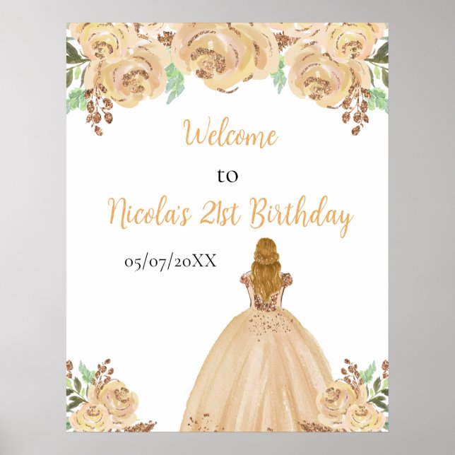 Blonde Hair Princess Peach Floral Birthday Welcome Poster (Vorne)