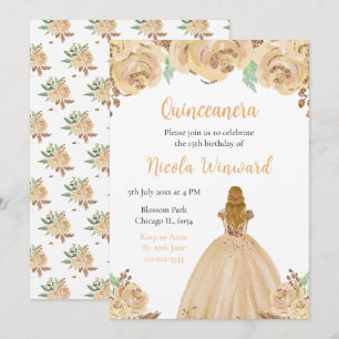 Blonde Hair Princess Peach Floral Quinceanera Einladung