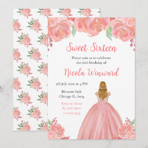 Blonde Hair Princess Pink Floral 16 . Geburtstag Einladung