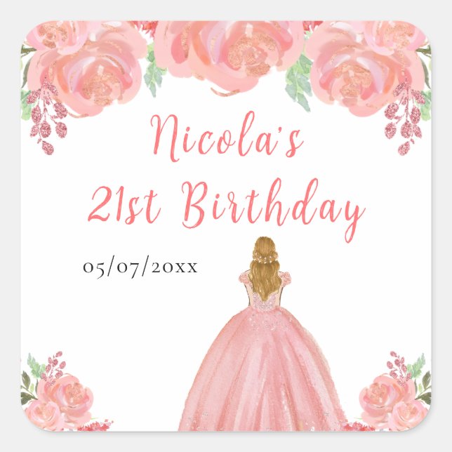 Blonde Hair Princess Pink Floral Birthday Party Quadratischer Aufkleber (Vorderseite)