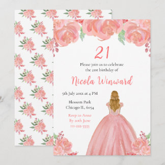 Blonde Hair Princess Pink Floral Geburtstagsparty Einladung