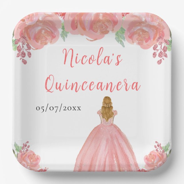 Blonde Hair Princess Pink Floral Quinceanera Pappteller (Vorderseite)