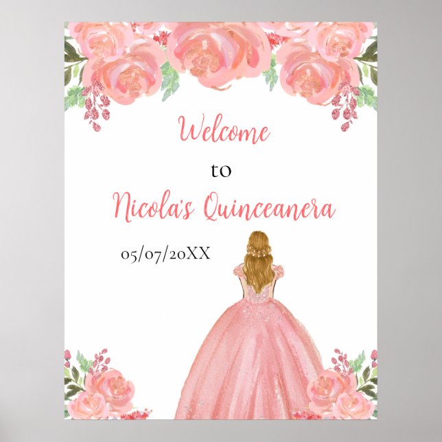 Blonde Hair Princess Pink Quinceanera Willkommen Poster (Vorne)