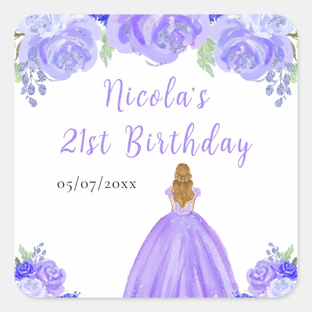 Blonde Hair Princess Purple Floral Birthday Party Quadratischer Aufkleber (Vorderseite)
