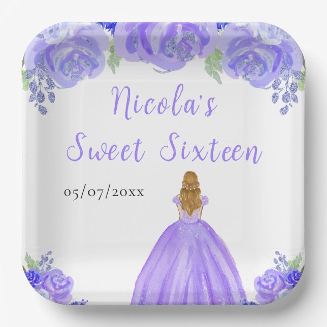 Blonde Hair Princess Purple Floral Sweet Sixteen  Pappteller (Vorderseite)