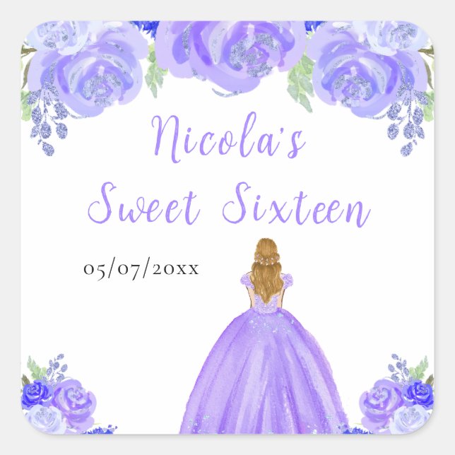 Blonde Hair Princess Purple Floral Sweet Sixteen  Quadratischer Aufkleber (Vorderseite)