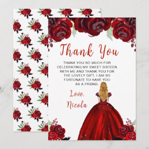 Blonde Hair Princess Red Floral 16 . Geburtstag Dankeskarte