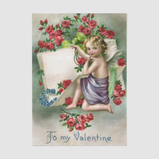 Blonde-Haired Valentine Cherub with Red Roses Seidenpapier