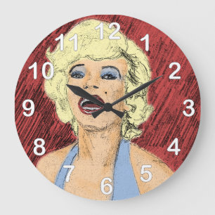 Blonde in blauem Kleid aus den 50er Jahren Große Wanduhr