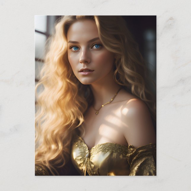 Blonde in einer Gold Dress Postkarte (Vorderseite)