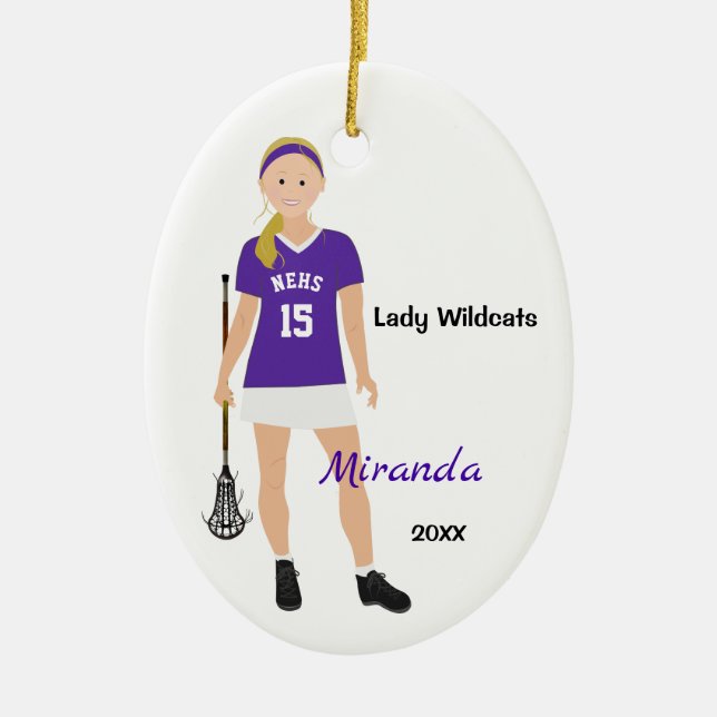 Blonde Lacrosse Player, Lila und weiß Keramik Ornament (Vorne)