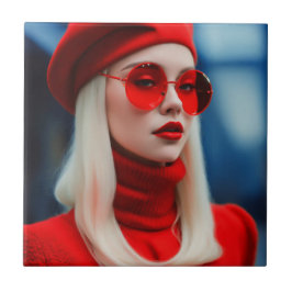 Blonde Lady in Rot Fliese