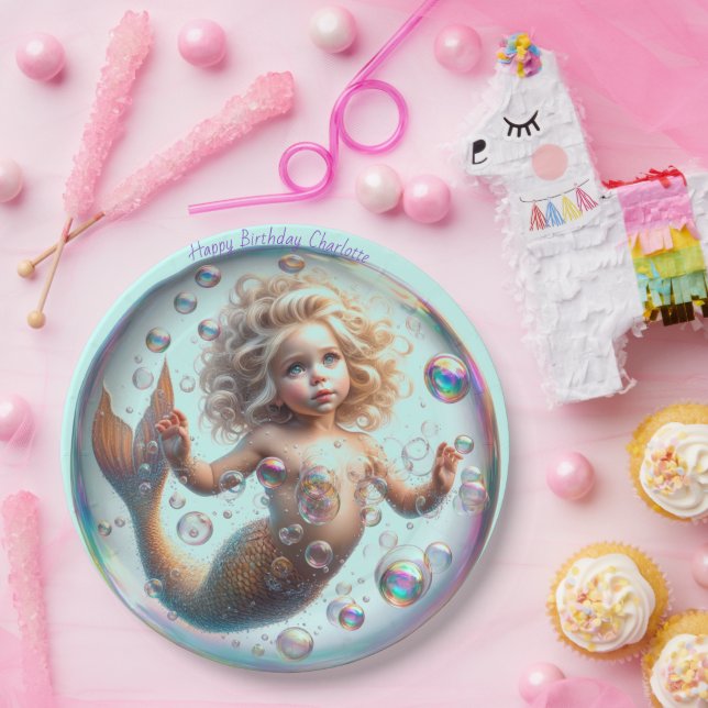 Blonde Little Mermaid Bubble Pappteller (Party)