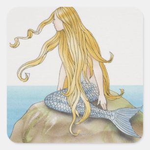 Blonde Meerjungfrau, die auf Seefelsen, Quadratischer Aufkleber