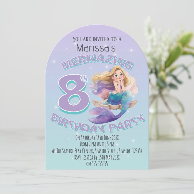 Blonde Mermaid Age Birthday Party Invitation Einladung (Stehend Vorderseite)